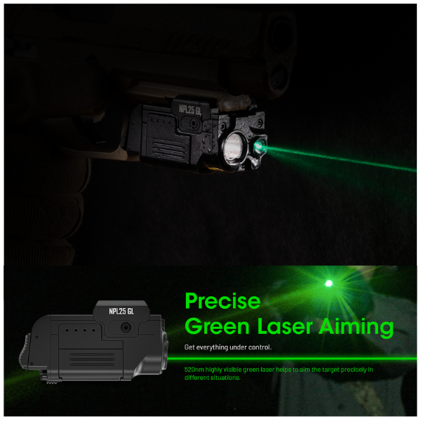 LINTERNA Y LASER VERDE P/ PISTOLA RECARGABLE 900LUM NPL25GL